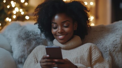 Black woman, 25-30 years, using smartphone at home, smiling, feeling content, enjoying cozy moment.