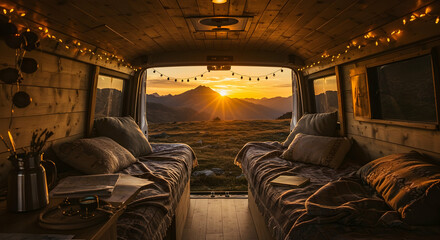 Fototapeta premium Cozy camper van interior at sunset golden hour desert landscape wanderlust travel adventure road trip vacation