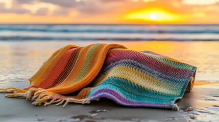 A colorful striped blanket rests peacefully on the wet beach sand