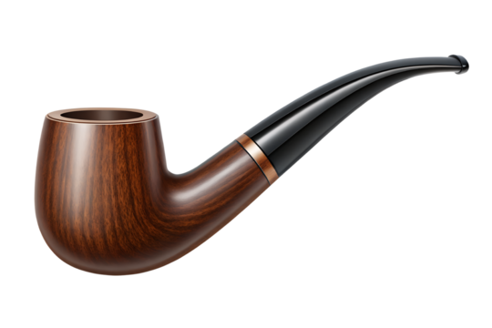 Elegant vintage wooden smoking pipe with curved black stem isolated on white background