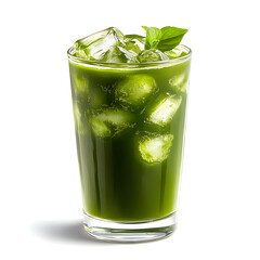 Refreshing Iced Matcha Latte Drink Green Tea Beverage with Ice Cubes, Healthy Summer Drink, Isolated on White.
