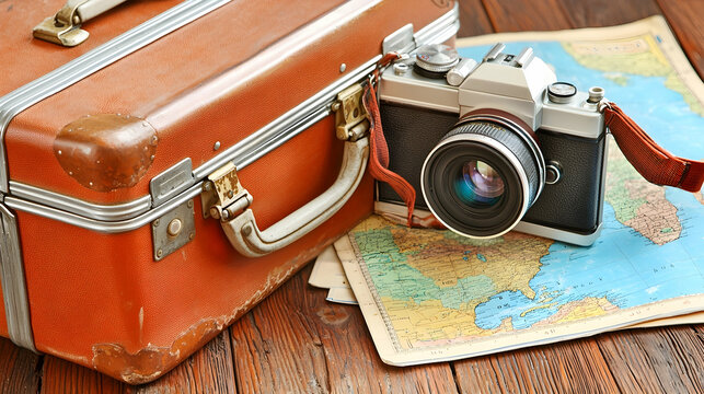 Vintage suitcase, camera, and map on wooden surface; preparing for a journey; travel planning; nostalgic travel image; ideal for travel blogs or articles