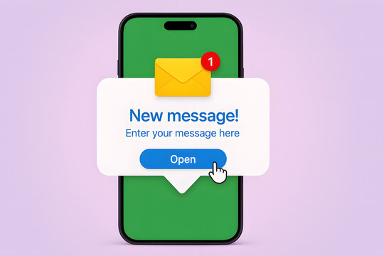 Smartphone new message notification alert, mobile screen chat popup icon with unread email envelope symbol, online communication reminder template, digital phone UI concept on green background - Powered by Adobe