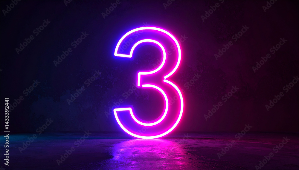 Poster image of glowing neon number 3 three, made from neon light. 3d rendering. dark backdrop.