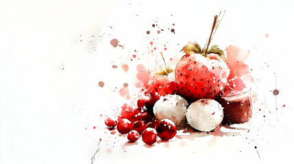 Watercolor painting of red fruits, including strawberries and lychees, on a white background, ideal for food blogs or recipe websites