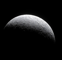 black-and-white photograph of the moon, isolated on a black background.