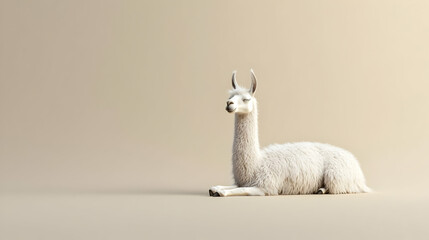 Obraz premium White Llama Lying Down Against Beige Background