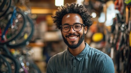 Fototapeta premium African-American bicycle shop owner smiles, promoting his independent business, exuding confidence and approachability.