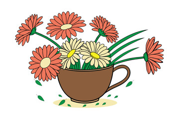 Artistic Brown Cup Holding a Vibrant Bouquet of Red and Yellow Flowers