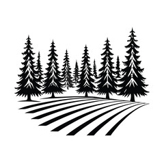 Obraz premium Evergreen Trees and Plowed Field, Black and White Silhouette Landscape Isolated