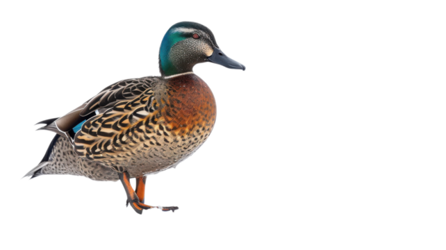Colorful duck stands on one leg in a white background showcasing its vibrant plumage and unique features