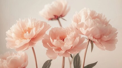 Fototapeta premium White and peach pink pattern on peonies with long stems
