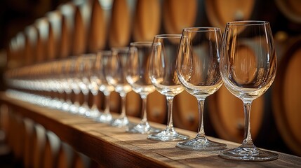Wine glasses arranged on a wooden table in front of wine barrels