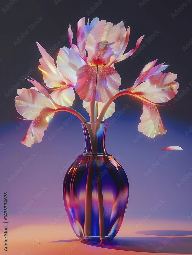 Aufkleber 幻想的な光を浴びたガラスの花瓶に入った美しい花々 色とりどりの光の反射とカラフルな背景の抽象的な装飾