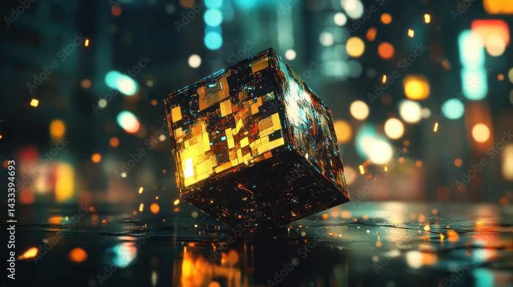 Poster a glowing technological cube floating above reflective ground