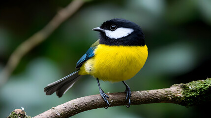 Obraz premium Yellow And Black Bird Perched On A Branch With Green Background In Daylight