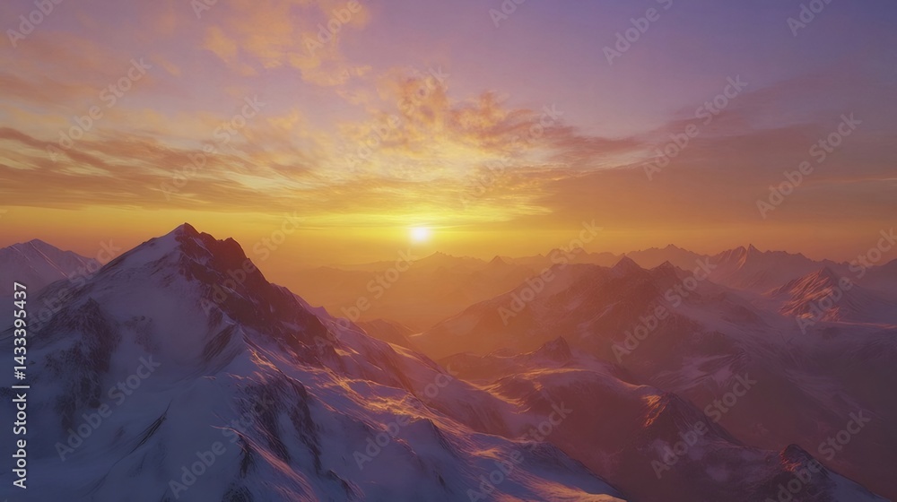 Aufkleber 夕焼けに染まる雪山と太陽の光景 遠くに見える山々と雲 オレンジと黄色の空が美しい風景