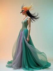 Full-body editorial of woman in gown and surreal phoenix mask