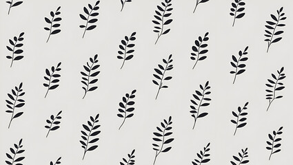 Fototapeta premium Minimal black and white vector illustration of small leaf plant silhouettes arranged in a seamless pattern, perfect for tattoos, cards, and packaging designs