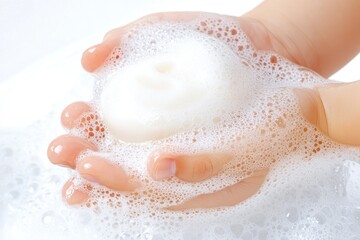 Obraz premium Small Hands Holding Soapy Bar Bubbles Bath