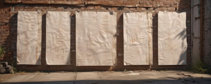 Multiple glued paper posters, outdoor setting  Realistic weathered textures and shadows ,  mockup,  poster