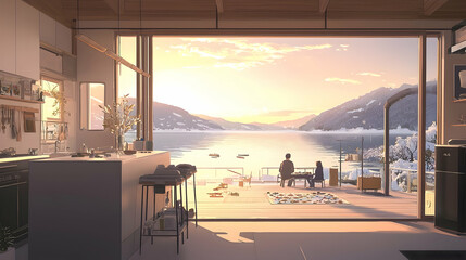 Fototapeta premium Couple enjoys sunset view from modern kitchen overlooking snowy lake and mountains; ideal for home design or travel brochures