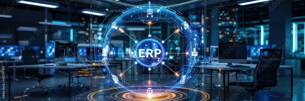 Poster modern enterprise resource planning system in a technological workspace.