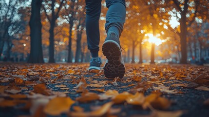 A person in running gear walking forward on an autumn park path, with legs and shoes in close - up, surrounded by fallen leaves as sunlight filters through the trees in the background.