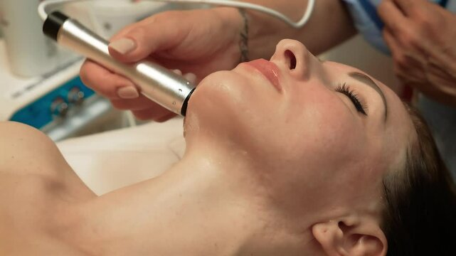 Performing Microcurrent Therapy on chin area of client. Device applying Ultrasound Facial Massage on lower face. Professional using Darsonval Treatment for skin tightening on jawline. Beautician