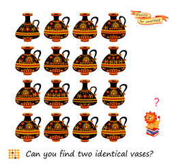 Can you find two identical vases? Logic puzzle for children and adults. Game Seek and Find. Page for kids brain teaser book. Task for attentiveness. IQ test. Play online. Hand drawn flat vector.
