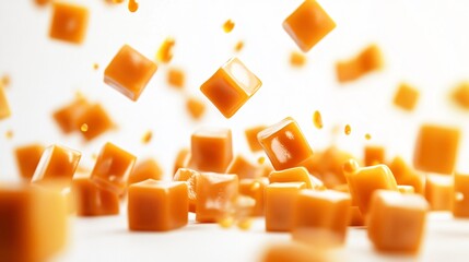 Satisfying Falling Caramel Cubes on White Background