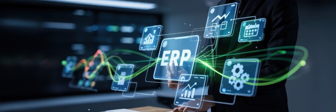 Interactive enterprise resource planning interface displayed.