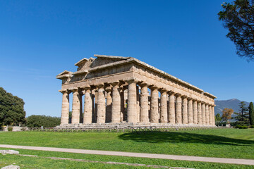 Ruins of one of the Greek temples (Hera 1, Hera 2 and Athena) in Paestum, province of Salerno, Italy a former major ancient Greek city on the coast of the Tyrrhenian Sea