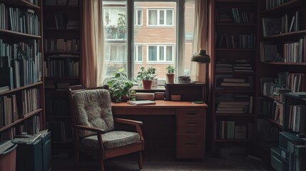 Cozy library interior with bookshelves and natural daylight beaming through
