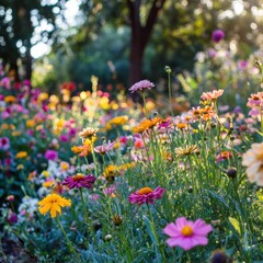 A vibrant field of colorful flowers growing under the sunlight