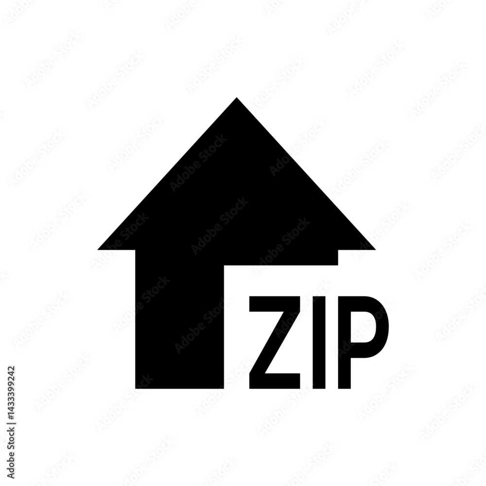 Poster black house icon with zip text overlay representing file compression and archiving concept design el