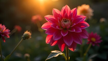 Pink Dahlia Flower in Sunset Light
