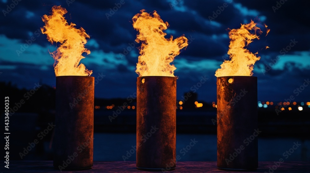 Poster three cylindrical structures each with a dancing flame emanating upwards