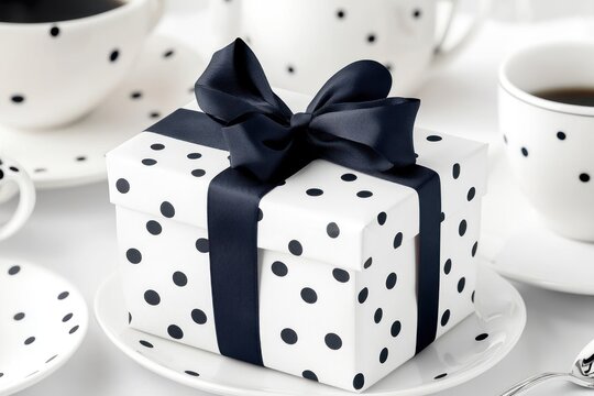 A polka dot gift box with a black ribbon sits on a saucer - Powered by Adobe