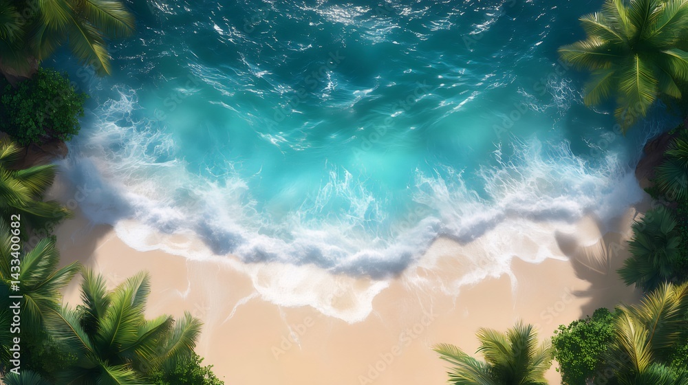Aufkleber 上空からの熱帯ビーチの穏やかな風景 水色の海と砂浜 ヤシの木と太陽光が降り注ぐ夏休日のイメージ