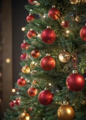 Obraz premium Vibrant baubles adorn a Christmas tree, bokeh lights glow , classic, night