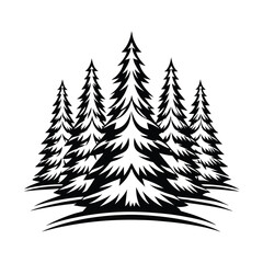 Monochrome Stylized Pine Trees Silhouette, Nature Forest Scene, Evergreen Conifer Woods