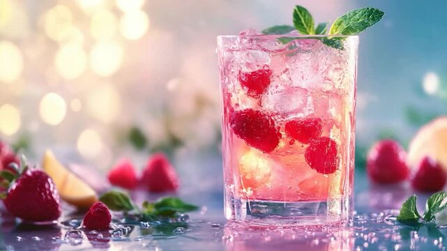 Refreshing raspberry drink with mint and lemon, vibrant background