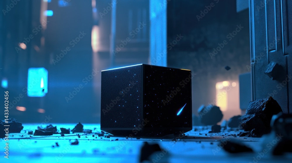Poster a glowing cube resting in a futuristic and abstract environment