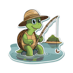 13.epsA cheerful cartoon turtle sitting on a log by the water, happily fishing with a fishing rod. The scene is set in a lush green forest with a blue pond and lily pads, ideal for nature, outdoor, or