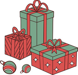 Christmas Gift Boxes with Ribbons and Ornaments  Festive Red and Green Holiday Present Illustration