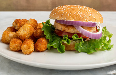 salmon burger with  ltater tots,