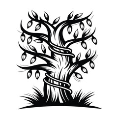 Silhouette Tree Trunk Wrapped with String Lights, Decorative Festive Lighting Design