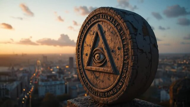All-Seeing Eye Symbol Overlooking Cityscape at Sunset, Illuminati Concept Video