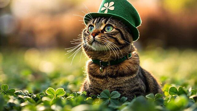 Cute cat in shamrock hat for St. Patrick's Day